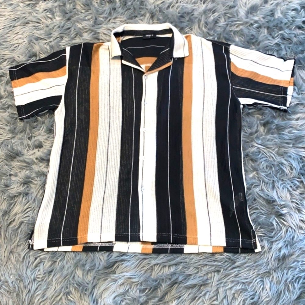 FOREVER 21 sz Large Striped Men's button down Shirt - Black, White, and Brown